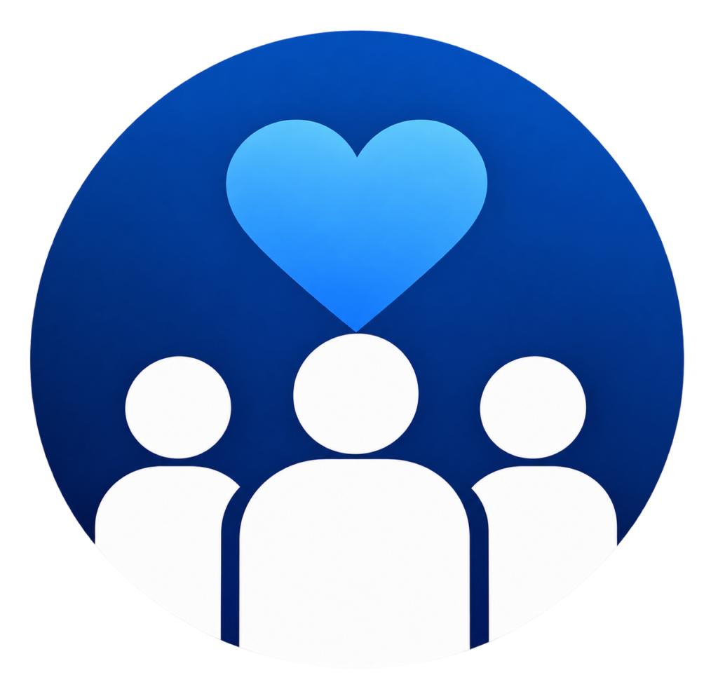 3 white outlines of people surrounded by blue circle. Light blue heart above center person's head.