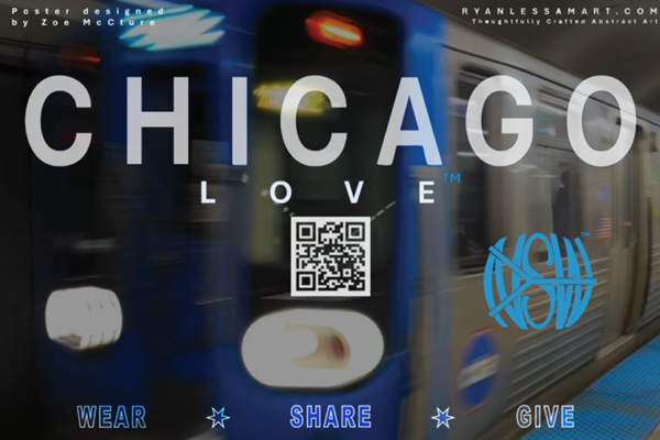 Chicago Love poster: Chicago Love centered, QR code below, and an image of a train in the back
