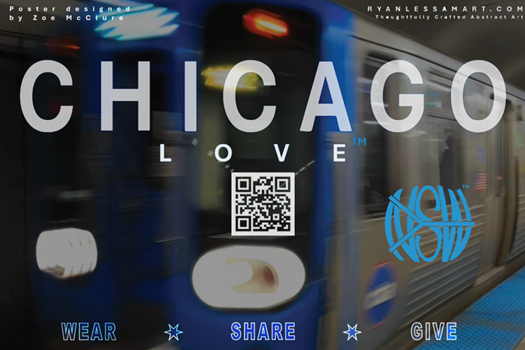 Chicago Love poster: Chicago Love centered, QR code below, and an image of a train in the back