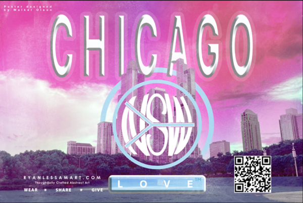 Chicago Love poster: Chicago centered, QR code bottom right, and a design of a city with a pink background in the back