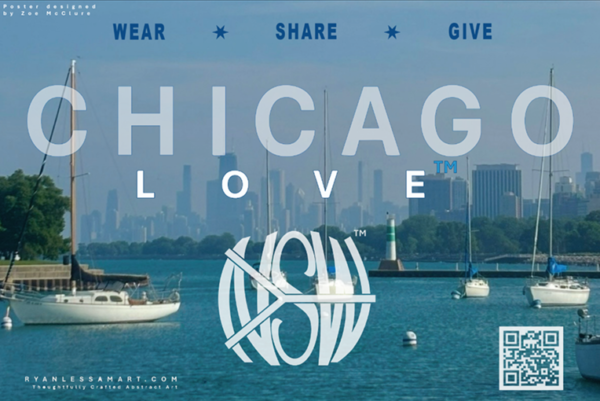 Chicago Love poster: Chicago Love centered, QR code bottom right, and an image of a body of water and boats in the back