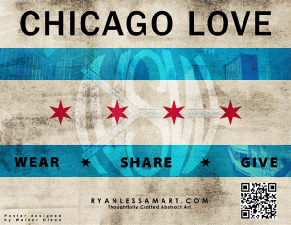 Chicago Love poster: Chicago Love top centered, QR code bottom right, and a gray and blue flag striped with 4 red stars in the back