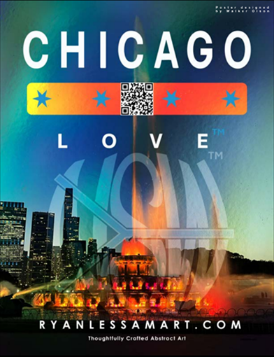 Chicago Love poster: Chicago Love top centered, and a photo of Chicago in the back
