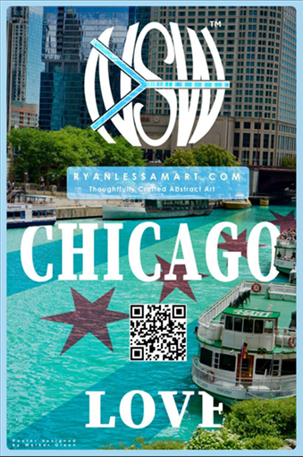 Chicago Love poster: Chicago Love bottom centered, QR code bottom center, and a body of water in the background